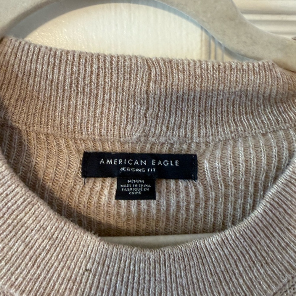 American Eagle Outfitters Women's Taupe Sweater with Black Stripes - Picture 2 of 7